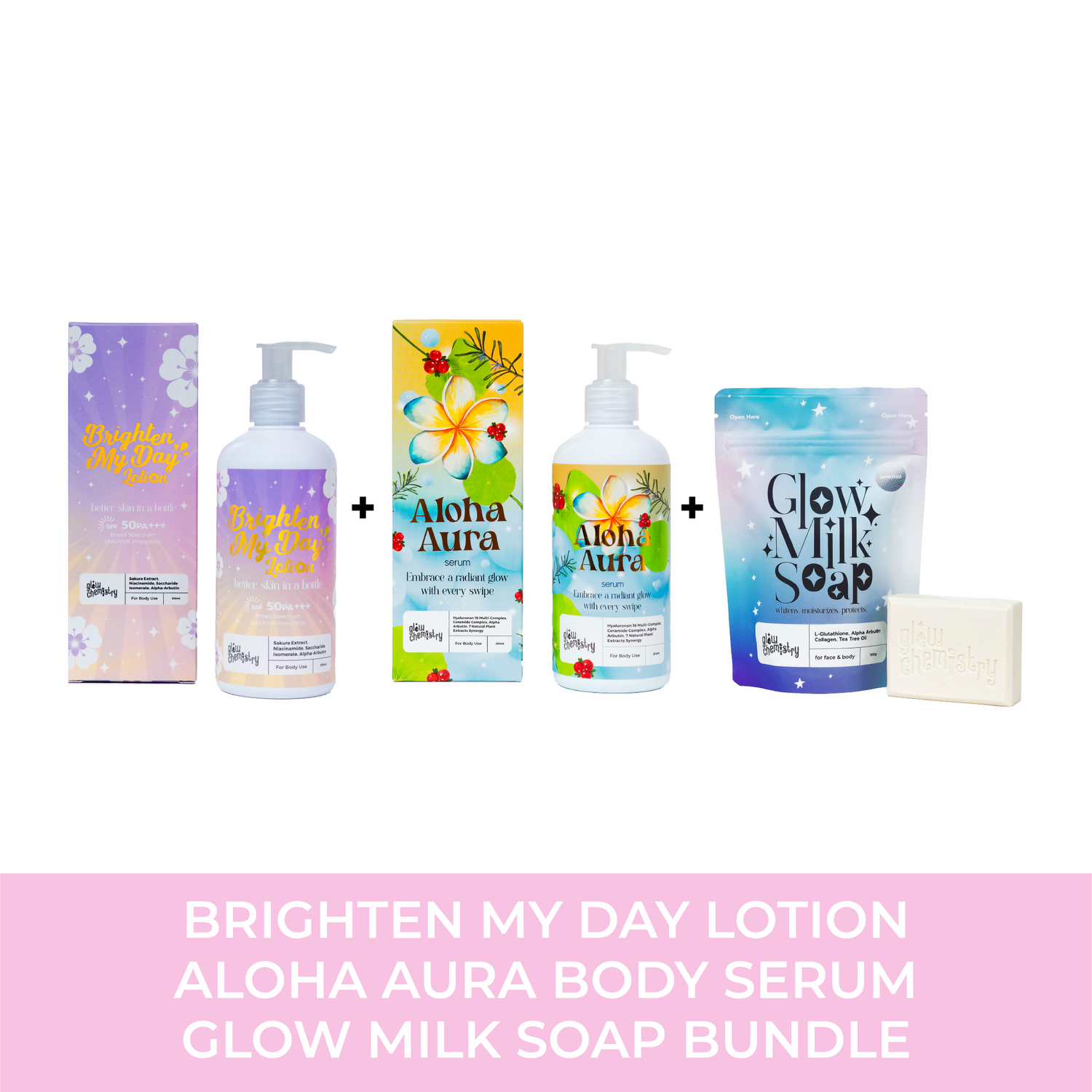 Glow Trio: Brighten My Day Lotion, Aloha Aura Body Serum, Glow Milk Soap