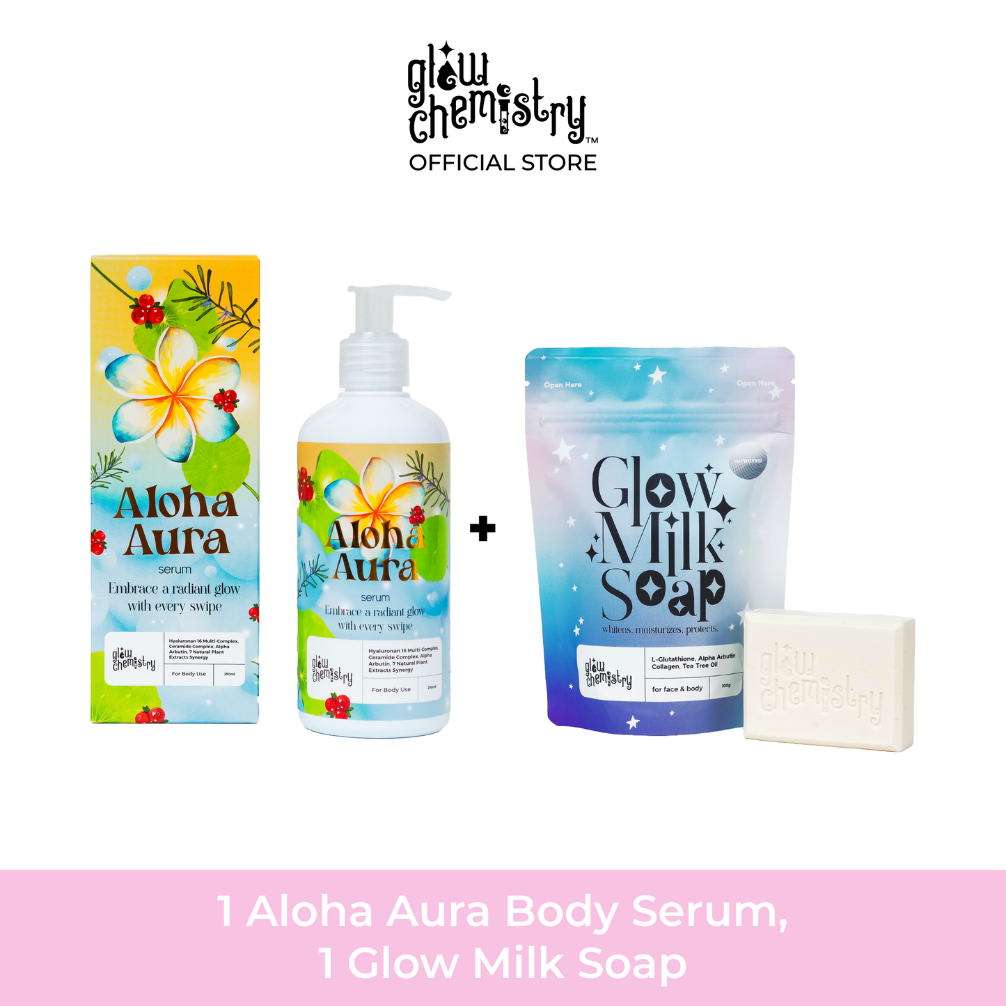 Aloha Aura Body Serum, Glow Milk Soap Bundle