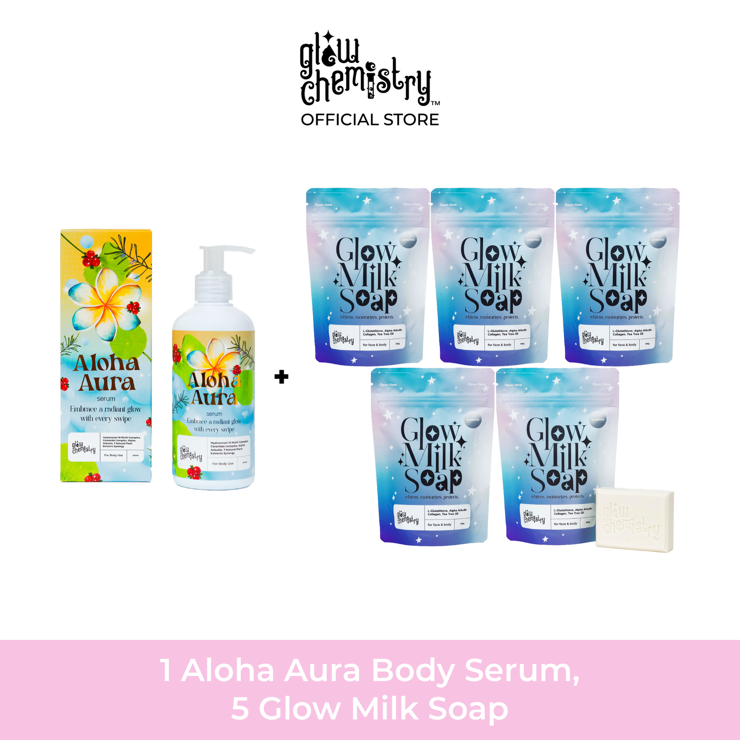 1 Aloha Aura Body Serum, 5 Glow Milk Soap