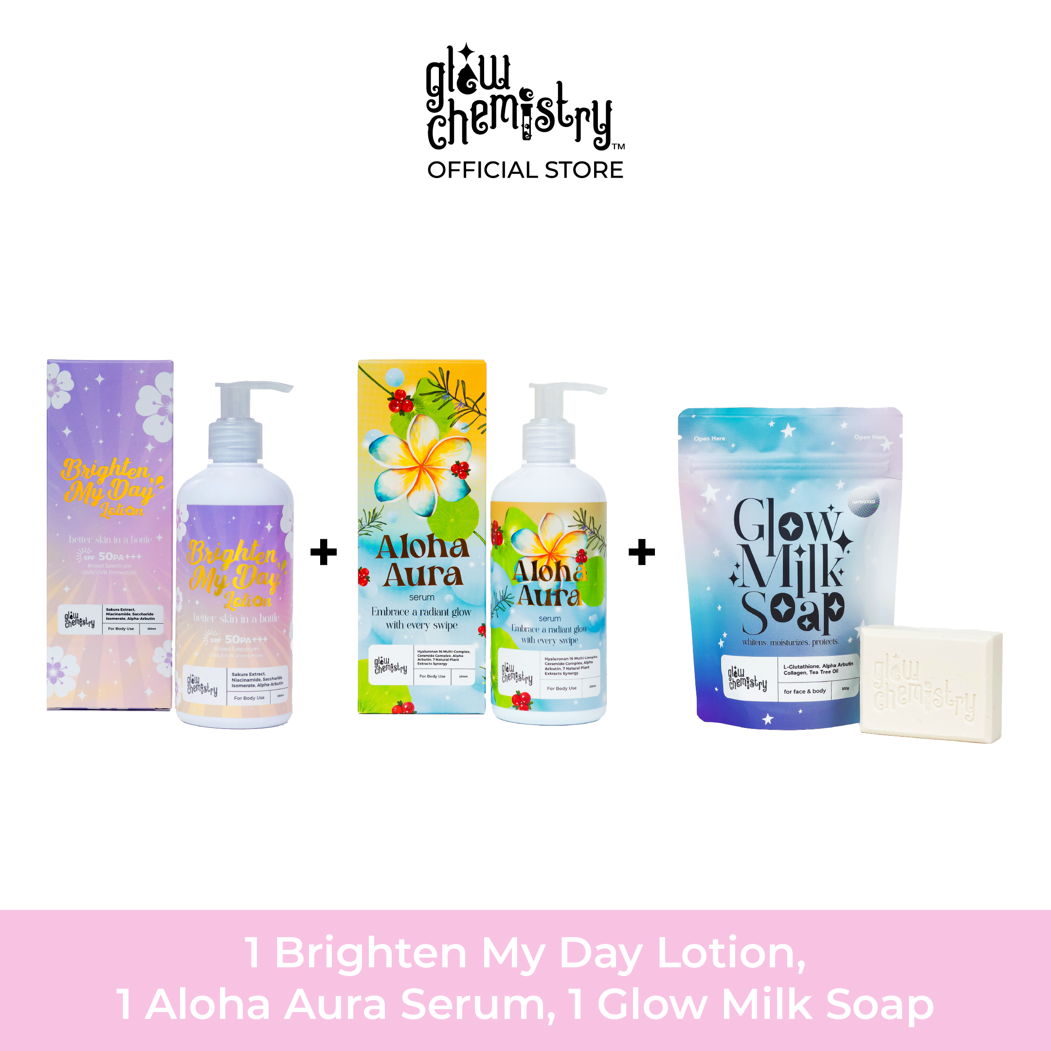 Glow Trio Bundles Brighten My Day Lotion, Glow Milk Soap, Aloha Aura Body Serum