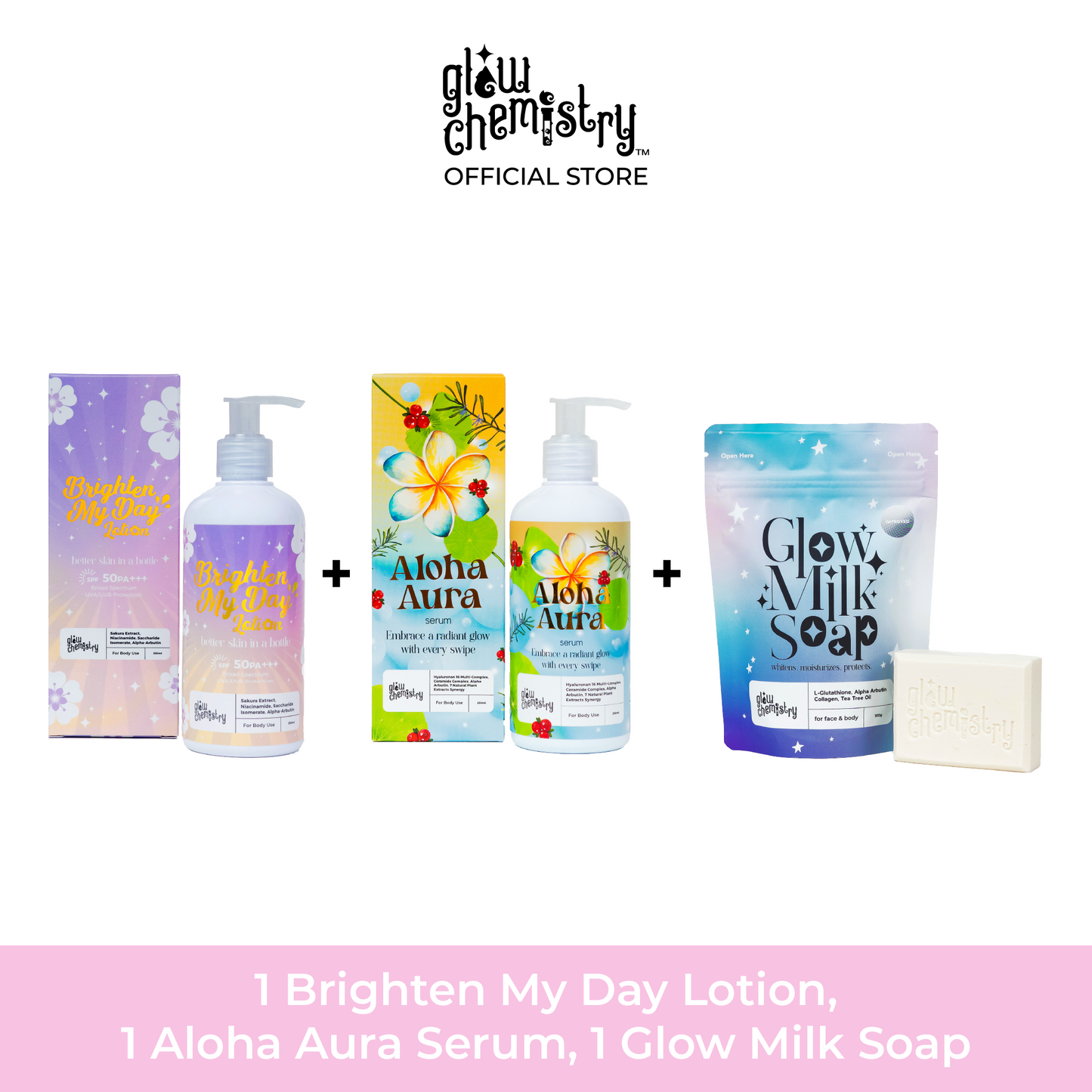 Glow Trio Bundles Brighten My Day Lotion, Glow Milk Soap, Aloha Aura Body Serum