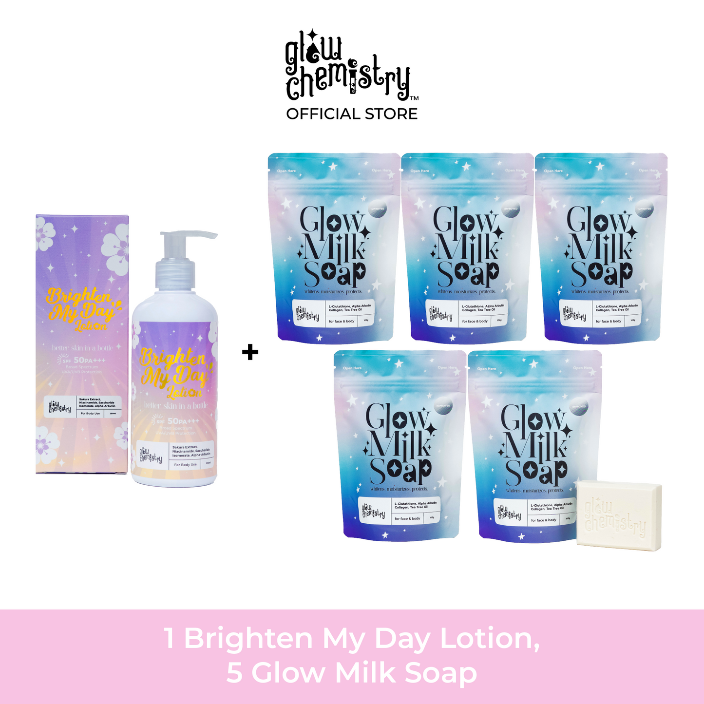 1 Brighten My Day Lotion, 5 Glow Milk Soap