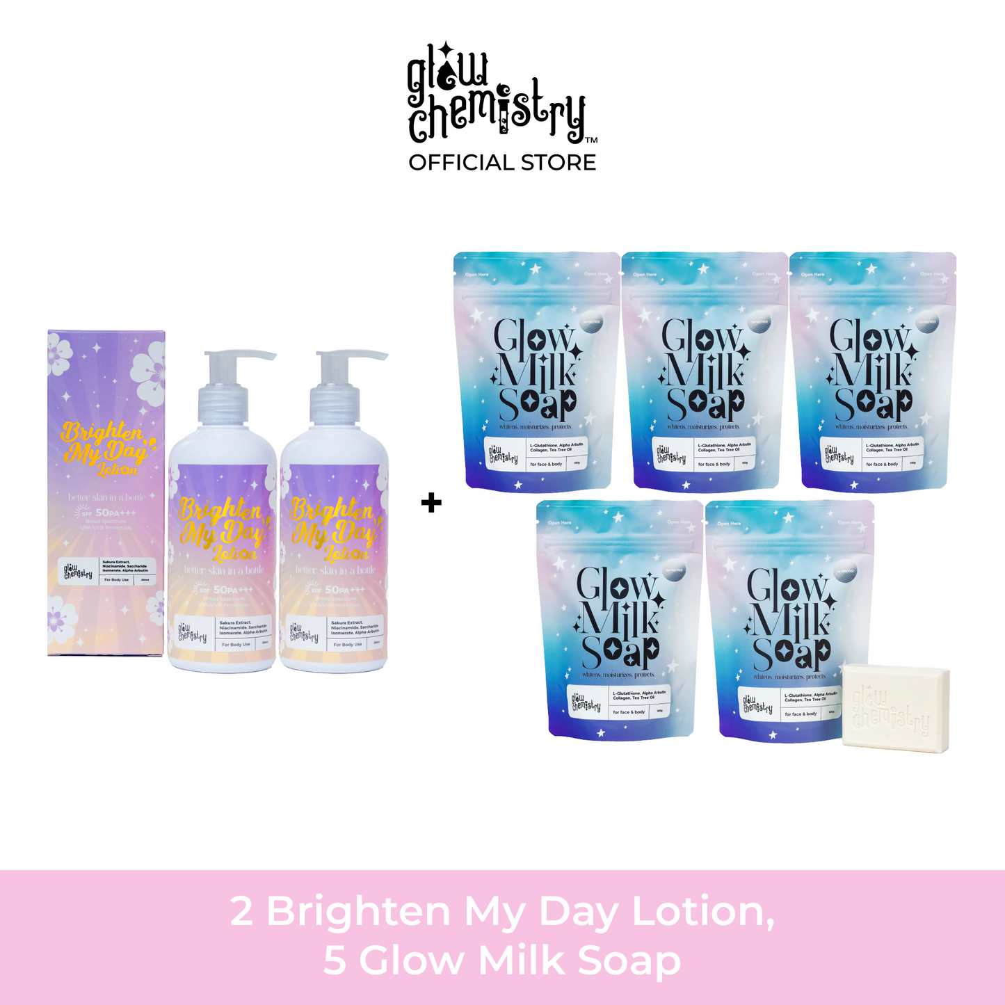 2 Brighten My Day Lotion, 5 Glow Milk Soap