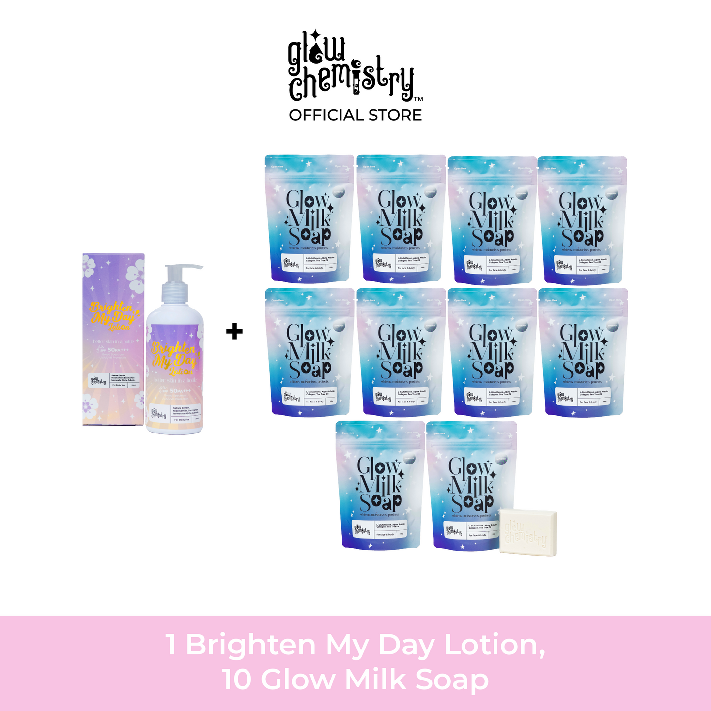 1 Brighten My Day Lotion, 10 Glow Milk Soap