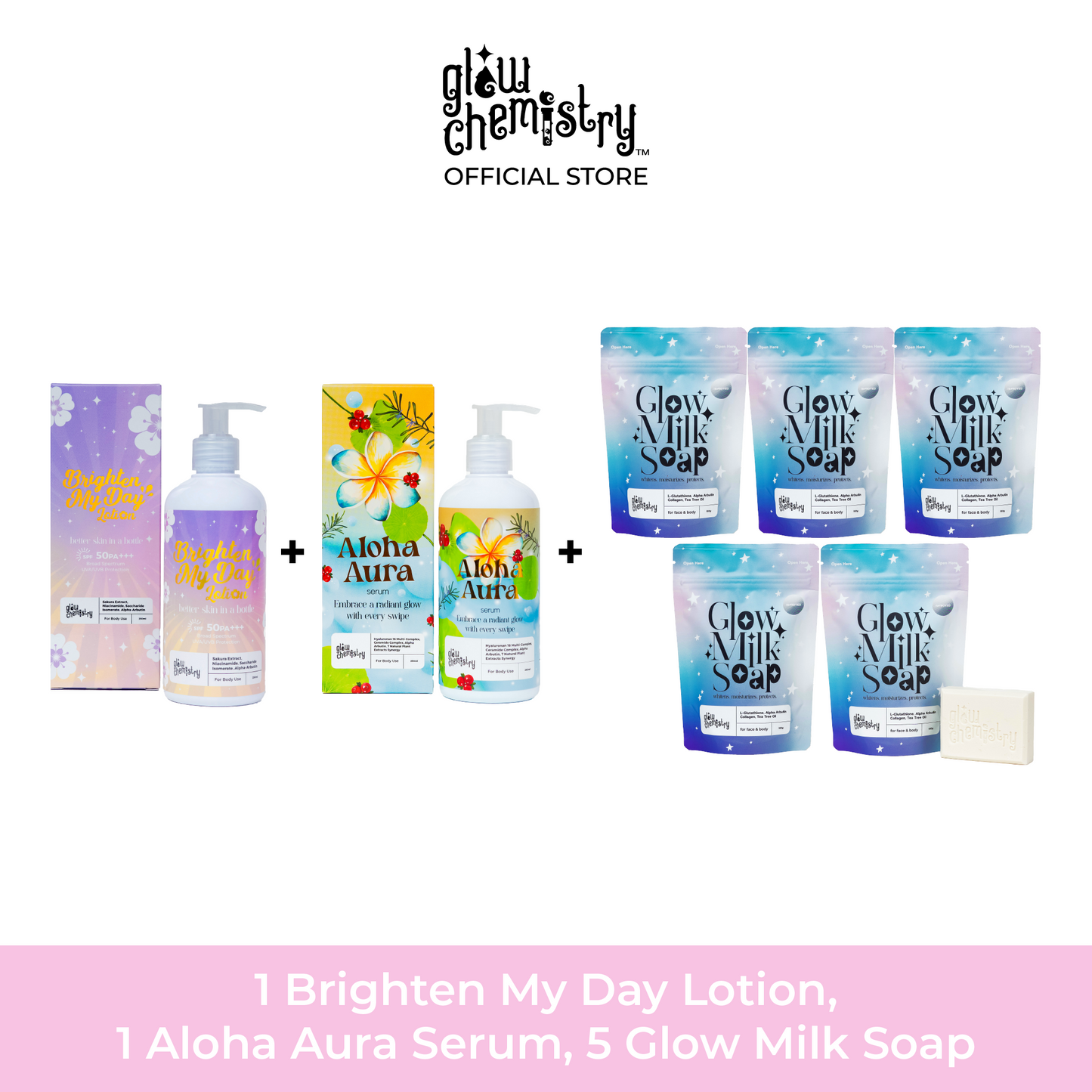 Glow Trio Bundles Brighten My Day Lotion, Glow Milk Soap, Aloha Aura Body Serum