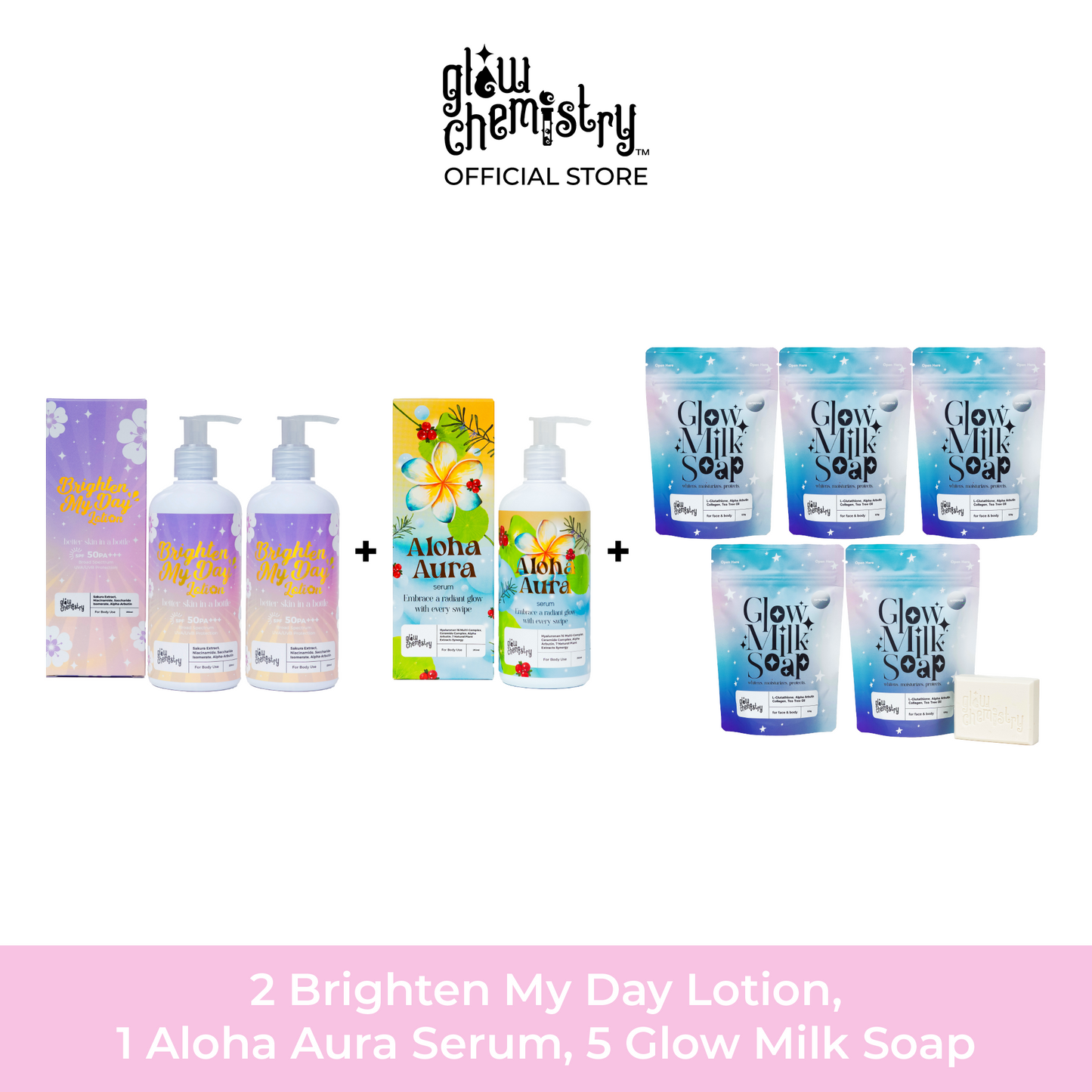 Glow Trio Bundle: 2 Brighten My Day Lotion 1 Aloha Aura Body Serum 5 Glow Milk Soap