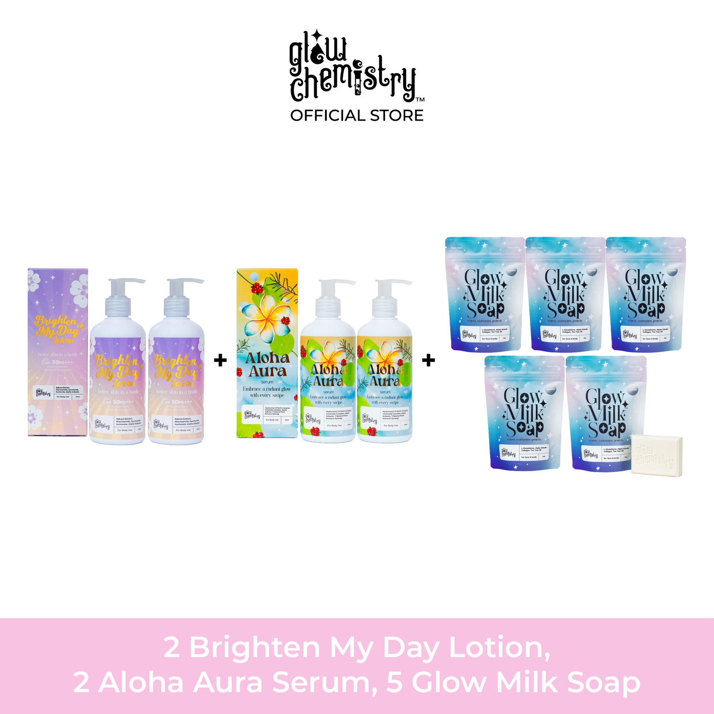 Glow Trio Bundle: 2 Brighten My Day Lotion 2 Aloha Aura Body Serum 5 Glow Milk Soap