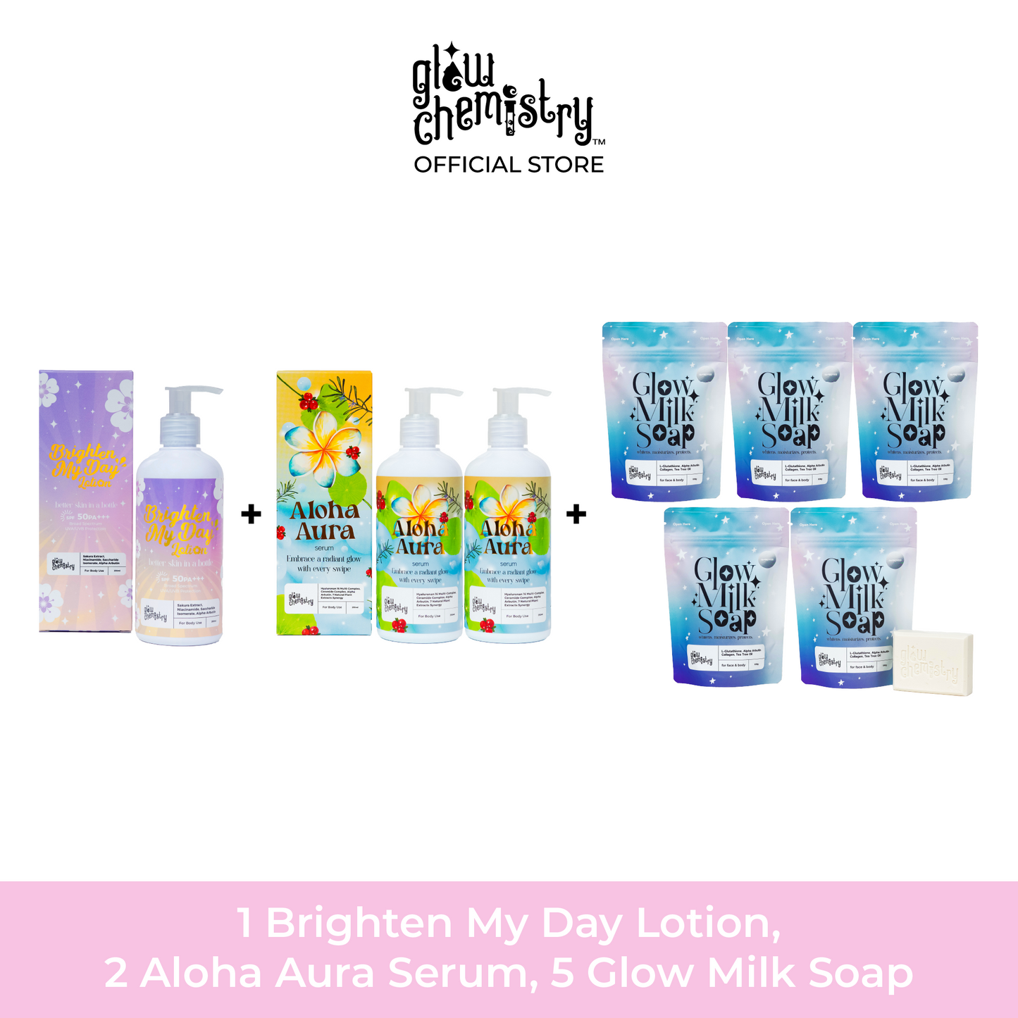 Glow Trio Bundle: 1 Brighten My Day Lotion 2 Aloha Aura Body Serum 5 Glow Milk Soap